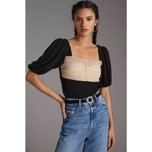 Anthropologie Black and Beige Puff Sleeve Square Neck Blouse